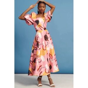 ANTHROPOLOGIE Aureta Studio Printed Puff Sleeve Cutout Maxi Dress Pink L NWT